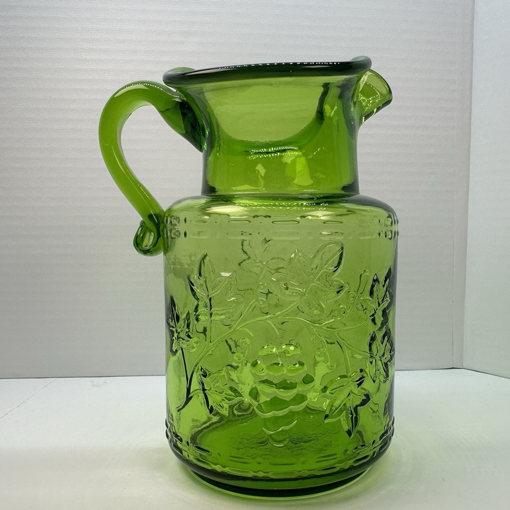 Vintage Green Glass Pitcher With‎ Grapes And Vines